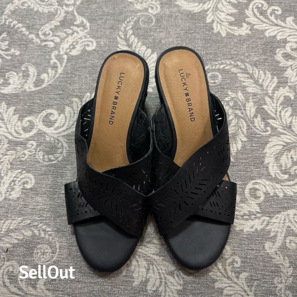 Lucky Brand Women's Keela Wedge Espadrille Sandals Black Size 9.5W Standard